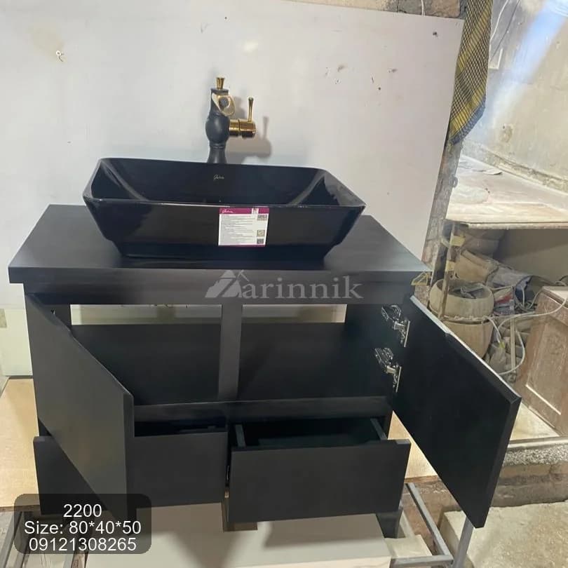 روشویی کابینتی مشکی با کابین دودر و دو کشو کد ZN2200 — تصویر ۴