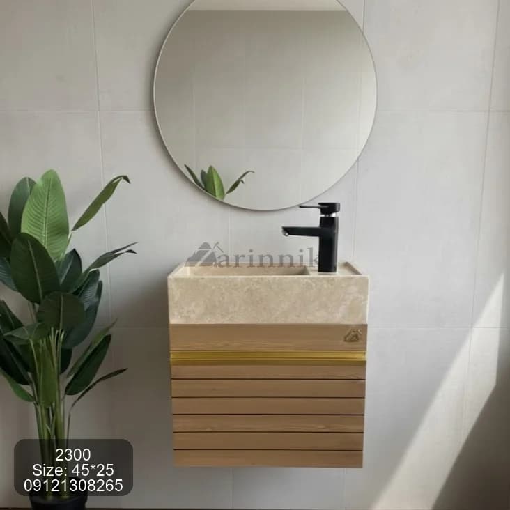 روشویی سایز کوچک کابینتی طرح چوب با کاسه سنگی زرین نیک کد ZN2300