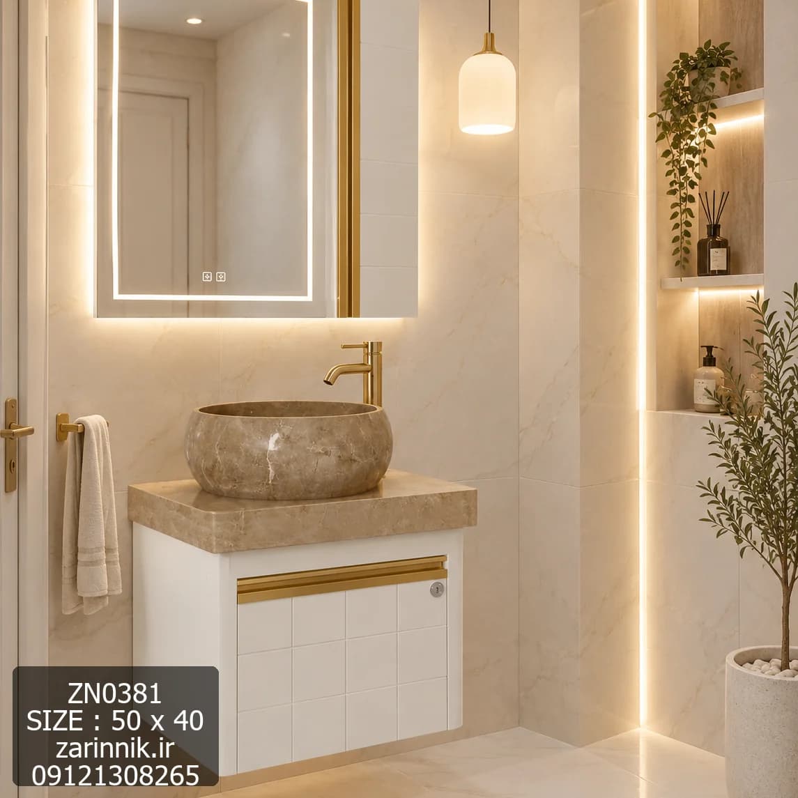 روشویی کابینتی سفید با صفحه وکاسه سنگی سیمکان 40*60 کد ZN0381