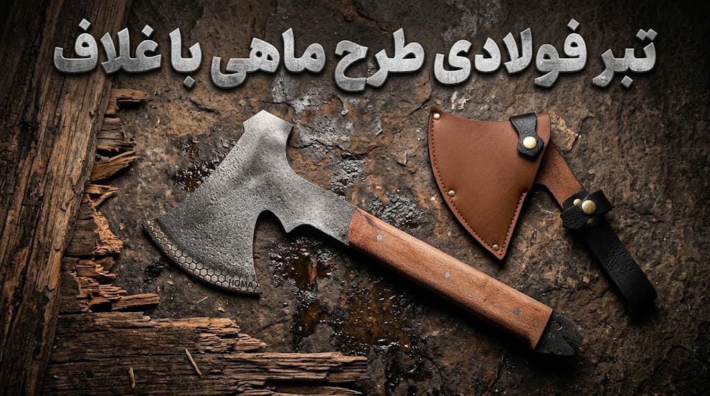 تبر حرفه‌ای طرح ماهی با تیغه فولادی و غلاف باکیفیت