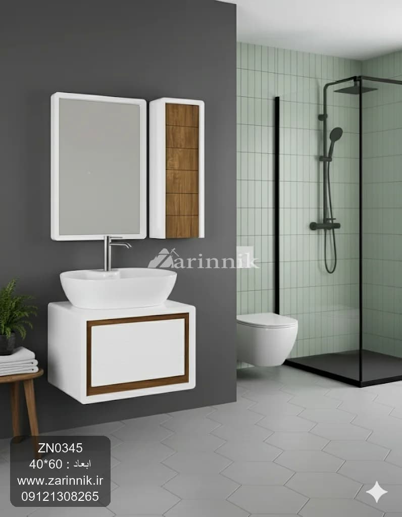 ست روشویی سرامیکی کابینتی سفید با آینه و باکس کد ZN0345