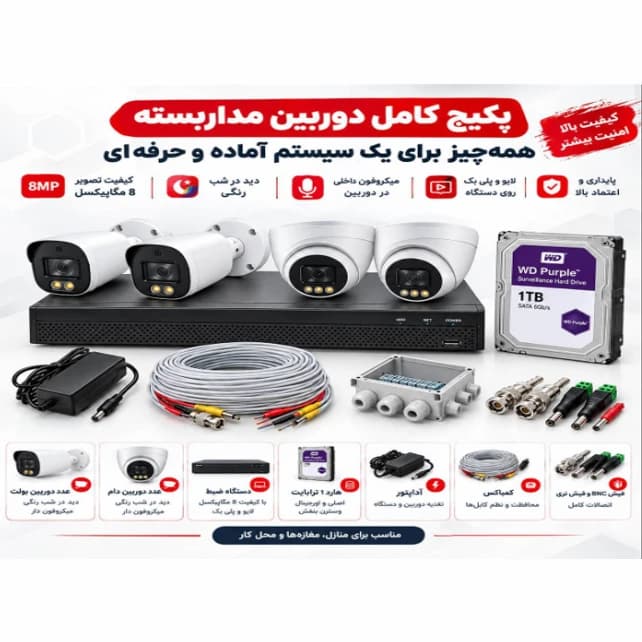 پکیج کامل 4کانال لایت دوربین مداربسته، آماده نصب، دارای سرور داخلی (اقتصادی)