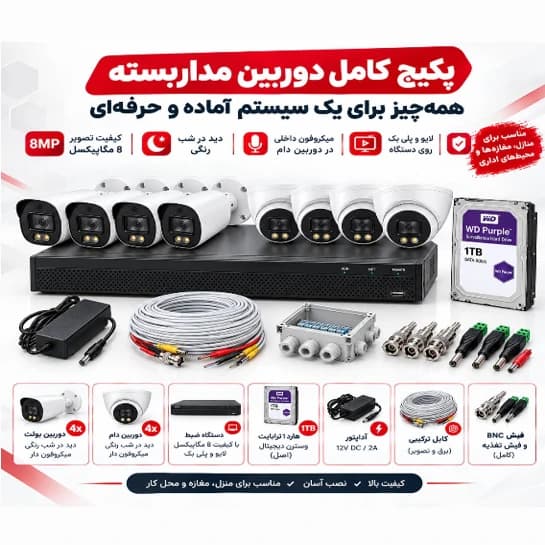پکیج کامل 8کانال 4k دوربین مداربسته 2مگاپیکسل، آماده نصب، دارای سرور داخلی — تصویر ۲