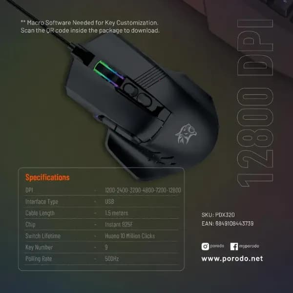 موس سیمی گیمینگ پرودو Porodo PDX320 Gaming Wired Mouse — تصویر ۳