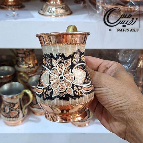 لیوان مسی نقره کوب دسته برنجی طرح ترک