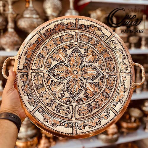 سینی مسی نقره کوب گرد پایه دار مدل اطلس