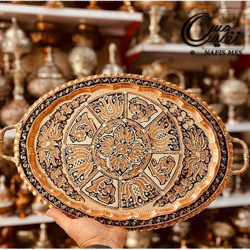 سینی مسی نقره کوب بیضی پایه دار مدل آیلین