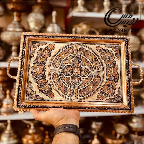 سینی مسی نقره کوب مستطیلی پایه دار مدل یاشار