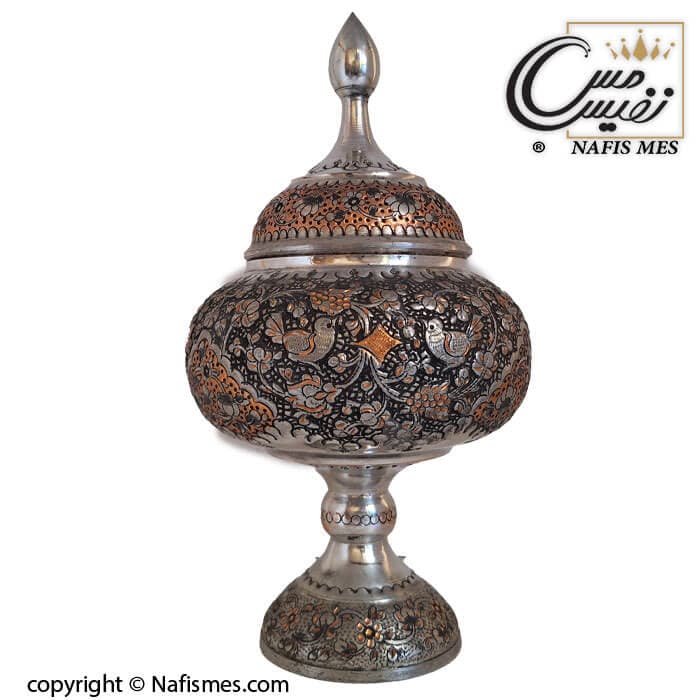 شکلات خوری مسی قلم اعلا پایه دار مدل گل و مرغ