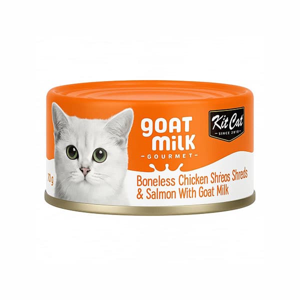 کنسرو گربه کیت کت مدل Goat Milk طعم مرغ بدون استخوان و سالمون با شیر بز