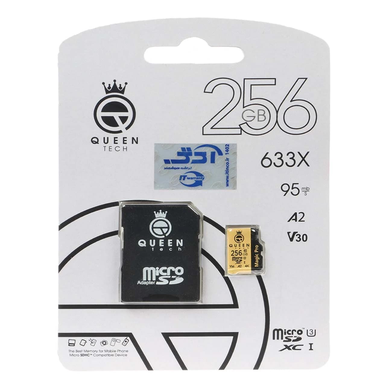 مشکی طلایی (گارانتی مادام‌العمر شرکت آی تین) Queen tech microSDXC & adapter U3 Class 10 633X -95MB/s – 256GB — تصویر ۲