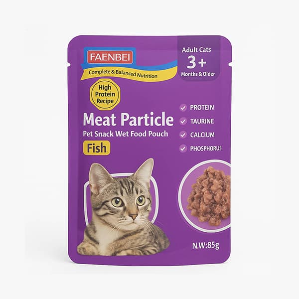 پوچ گربه بالغ FAENBEI مدل Meat Particle با طعم ماهی – 85 گرم