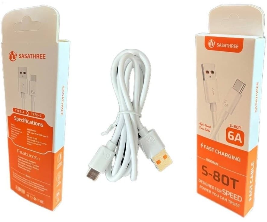 کابل شارژ تایپ سی SASATHREE مدل S80T فست شارژ و انتقال دیتا