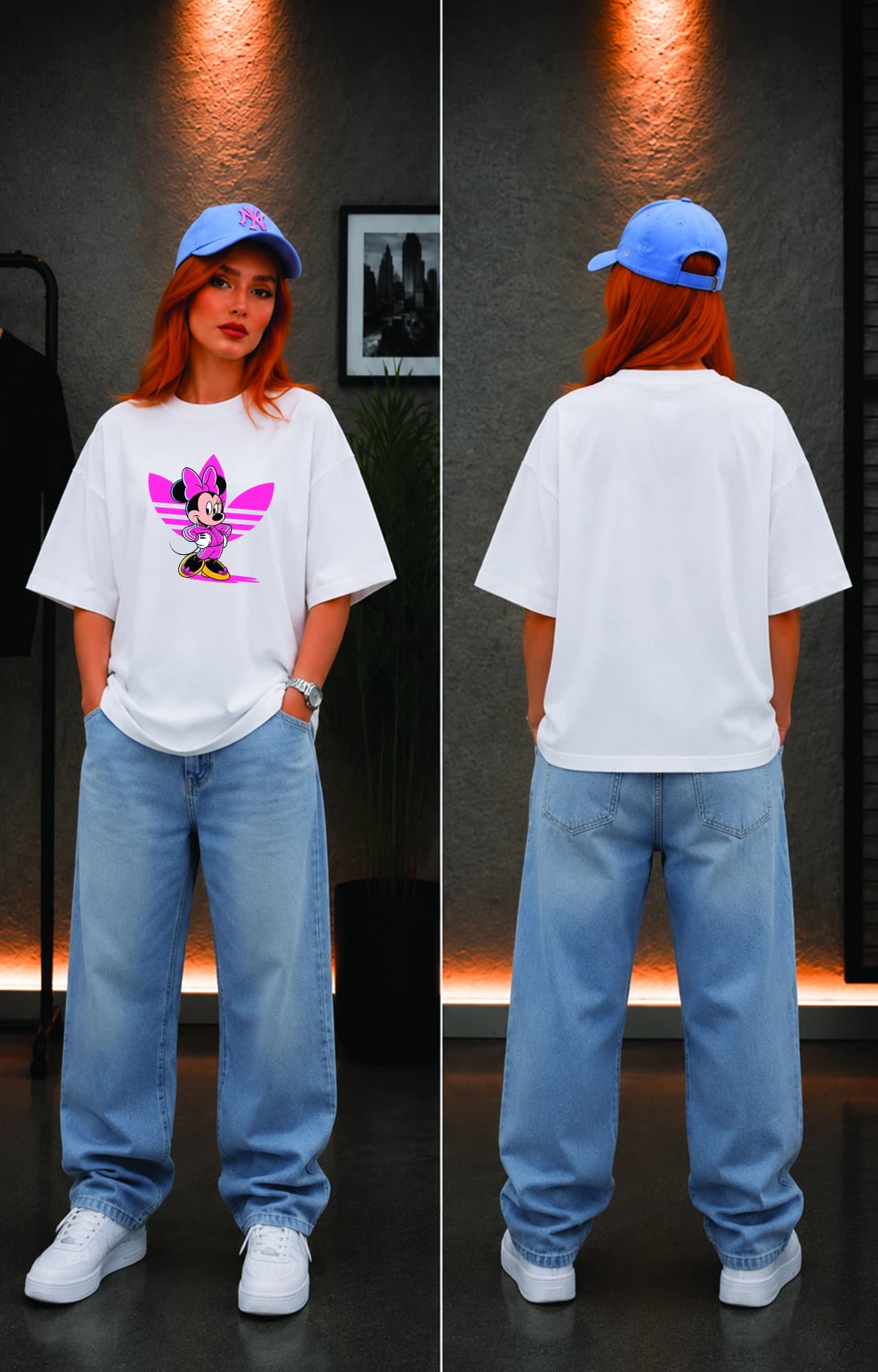 تیشرت باکسی ترک دخترانه طرح مینی موس آدیداس Minnie Mouse Adidas کد 5094