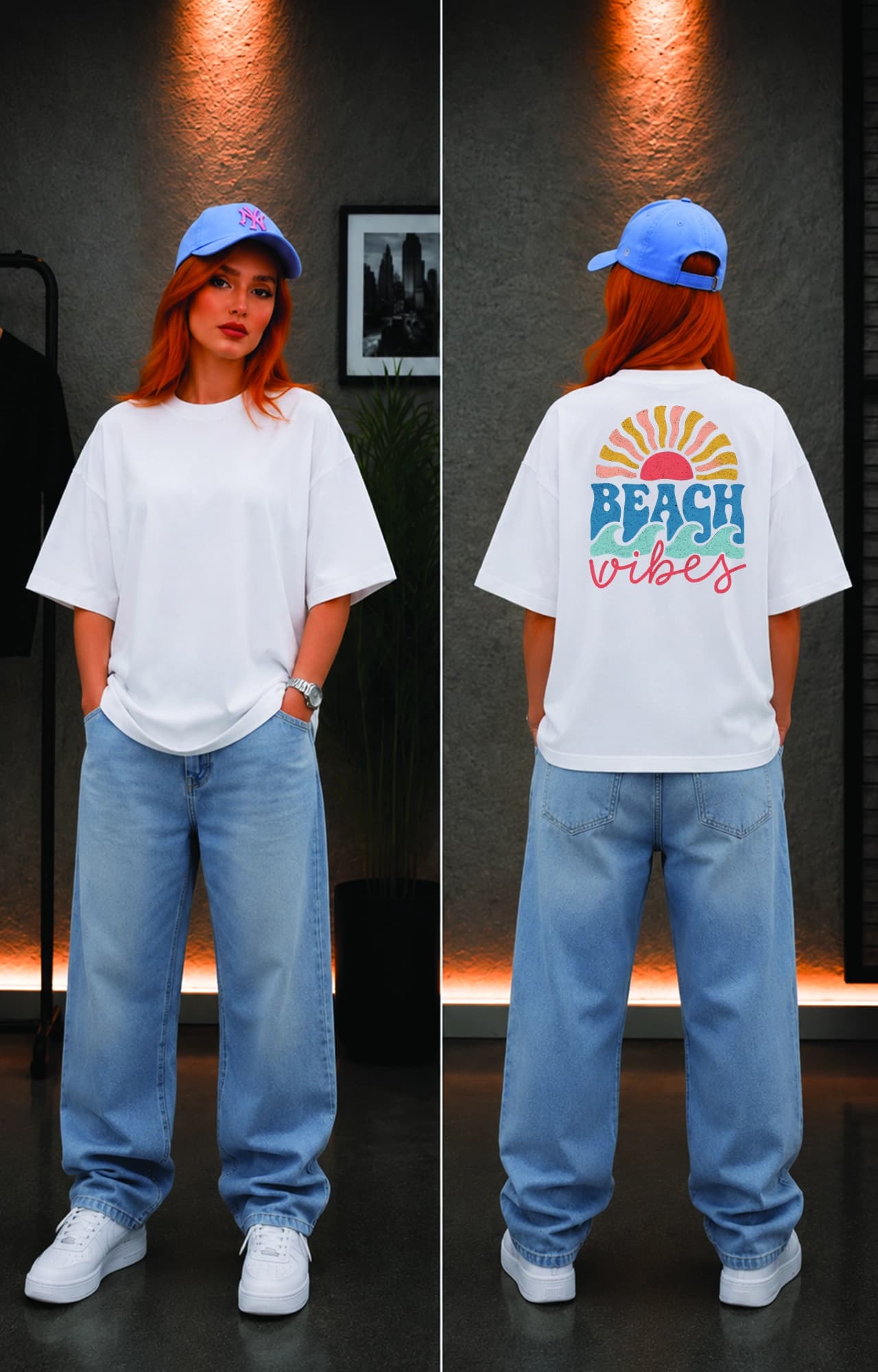 تیشرت باکسی ترک دخترانه طرح تابستون beach vibes summer کد 5090