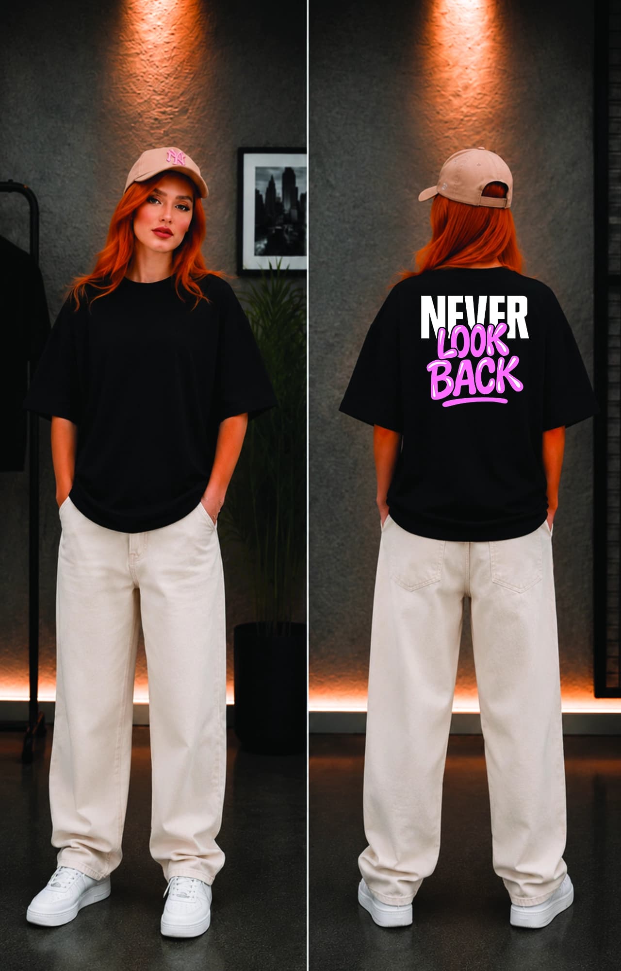 تیشرت باکسی ترک دخترانه طرح never look back کد 5104
