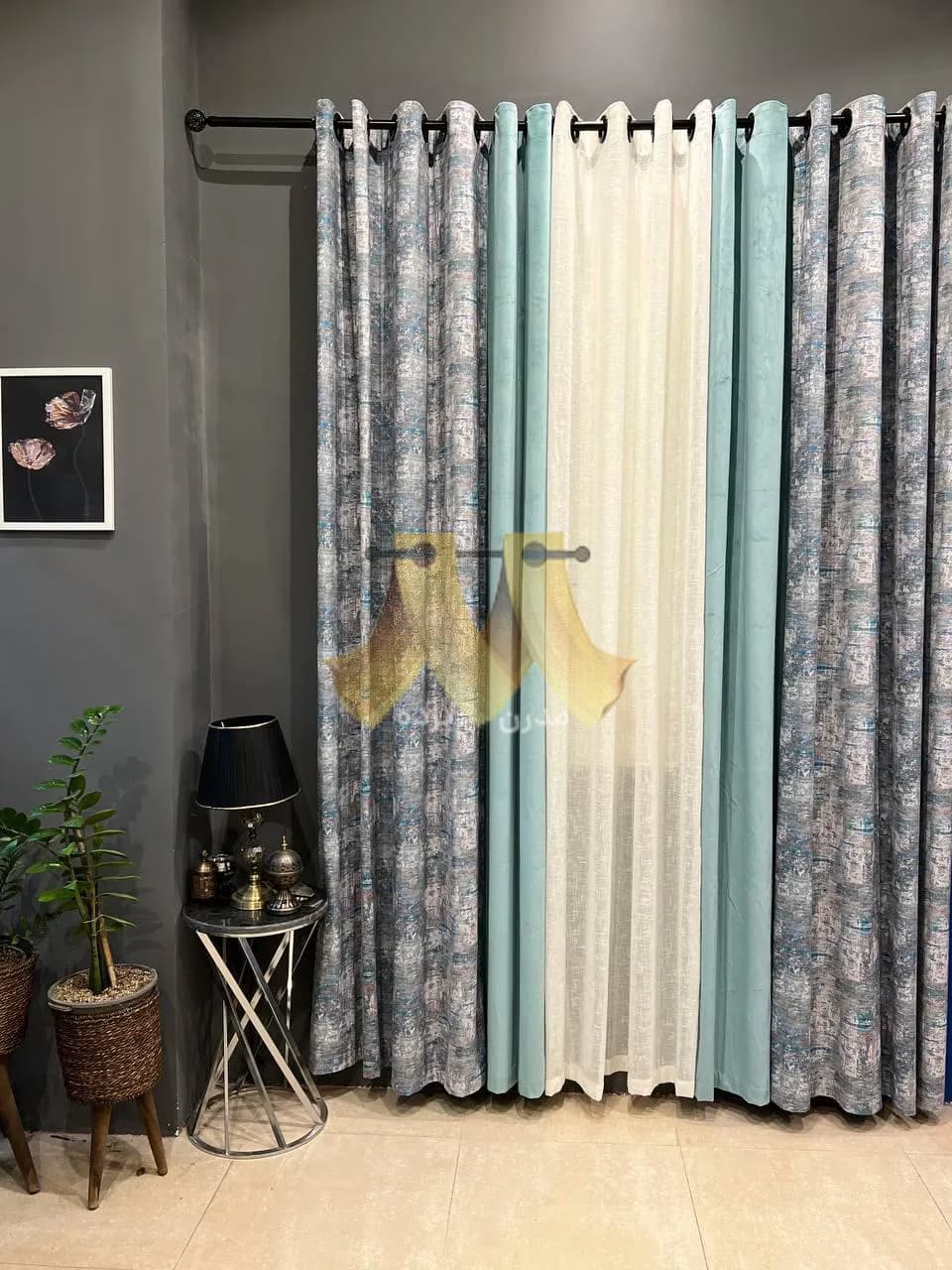 پرده آماده پانچی مخمل آبرنگی طوسی فیروزه ای