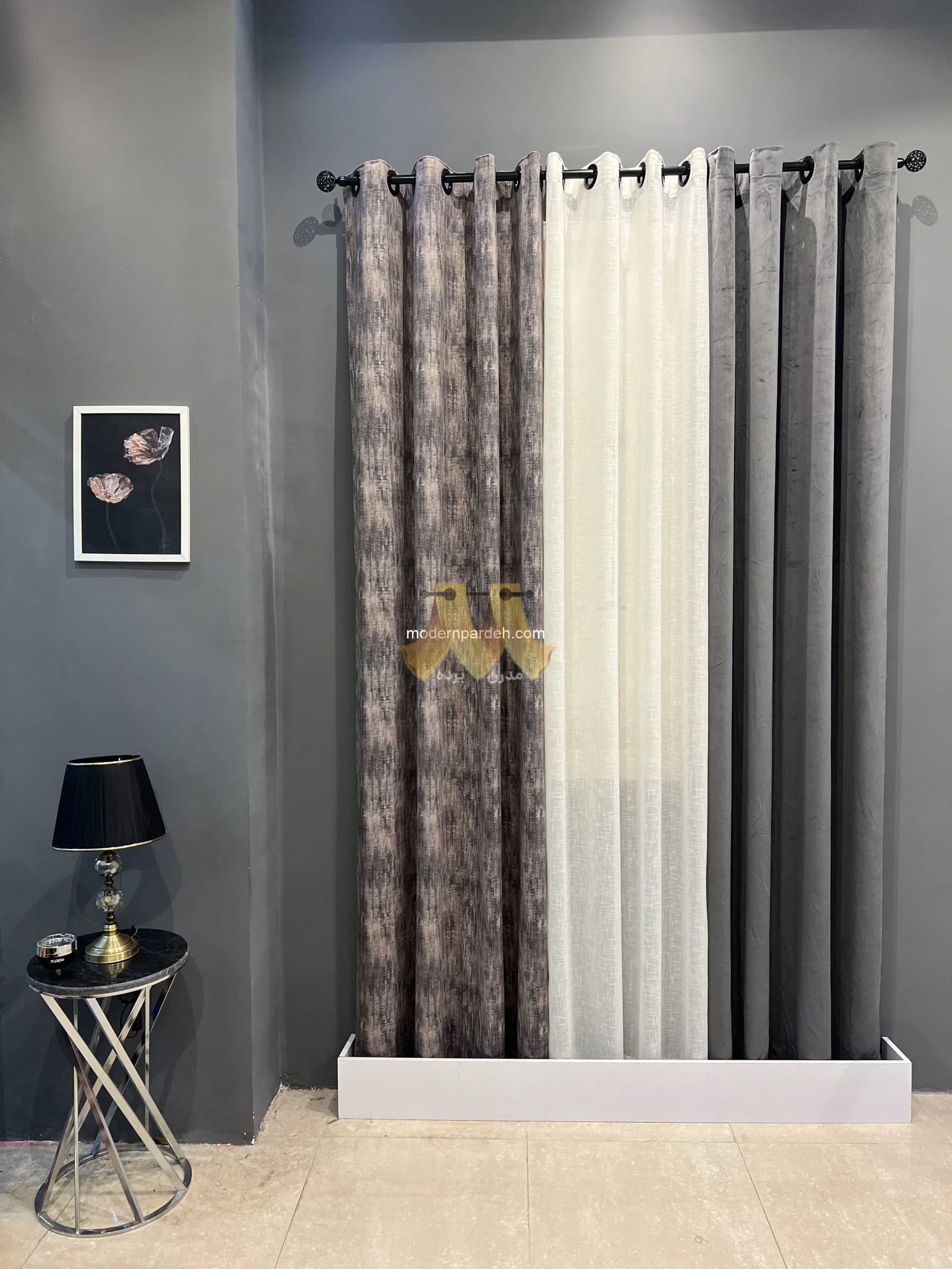 پرده آماده پانچی مخمل آبرنگی طوسی کرم