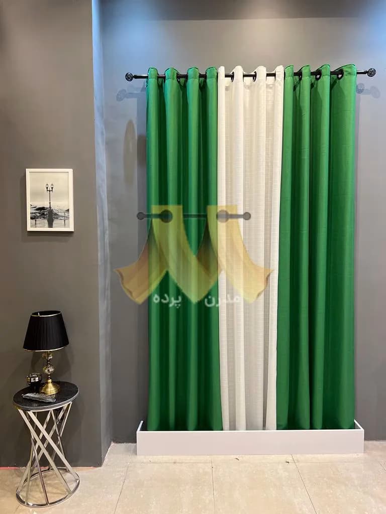 پرده آماده پانچی کتان ساده سبز تیره با حریر