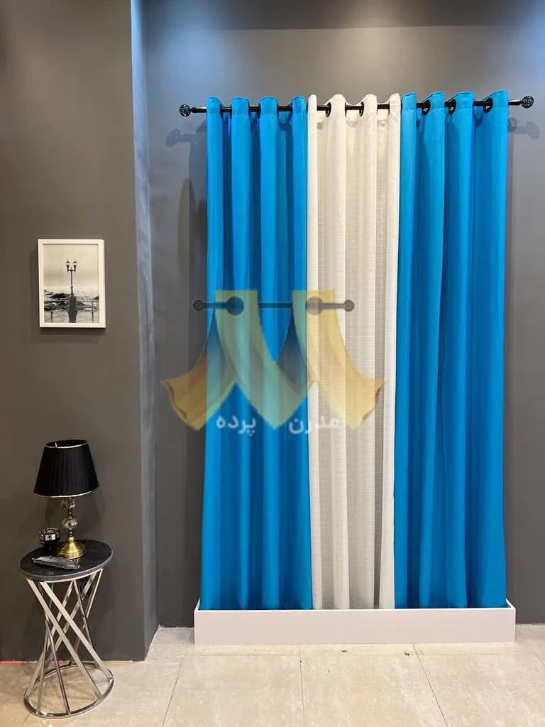 پرده آماده پانچی کتان ساده آبی فیروزه ای