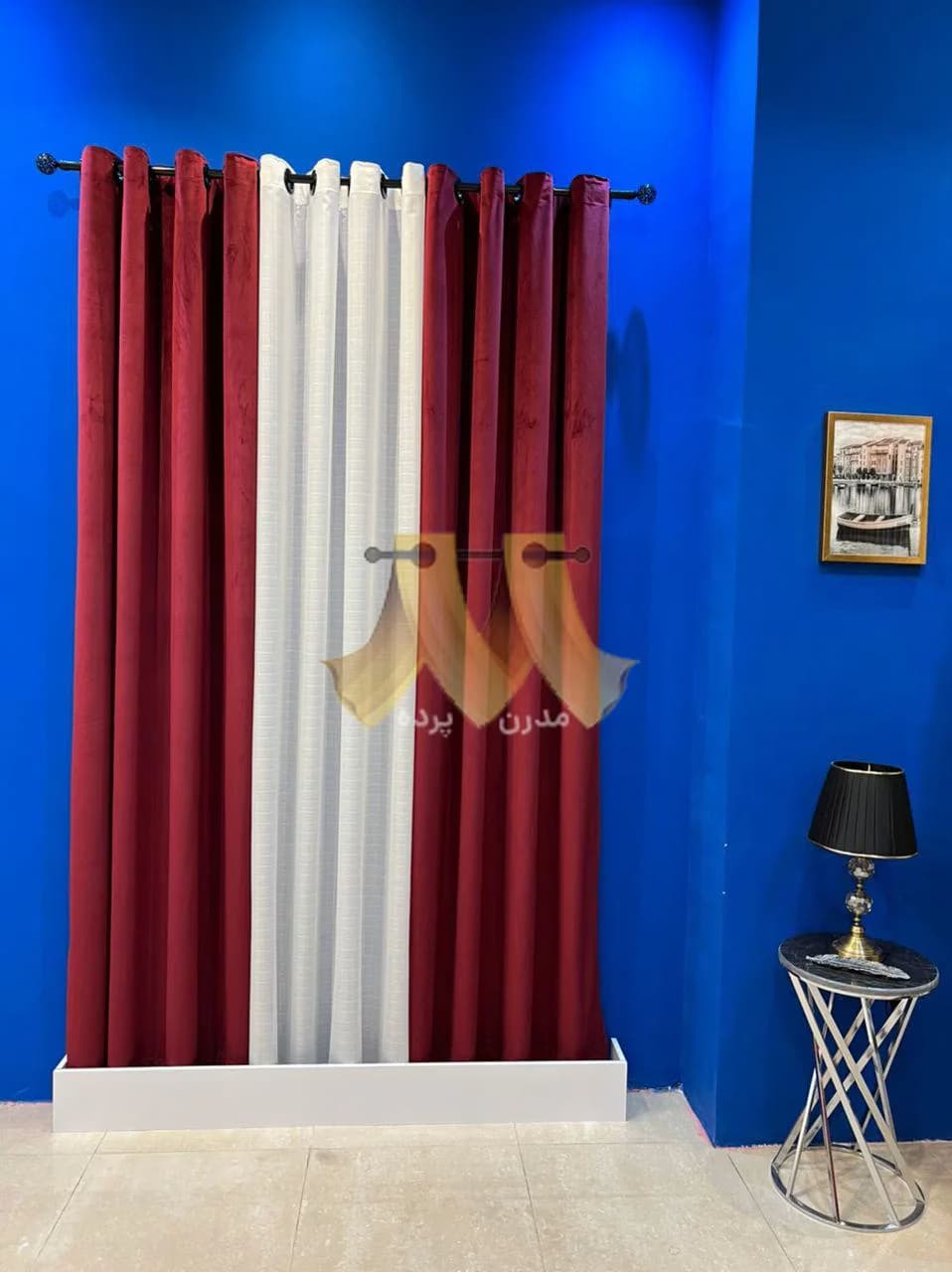 پرده آماده پانچی مخمل زرشکی و حریر ساده
