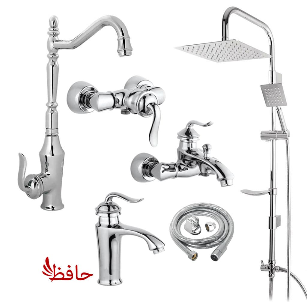 ست شیرالات مدل بامبو پلاس کروم مجموعه 6 عددی با تنه سنگین به همراه علم دوش دوکاره و شلنگ