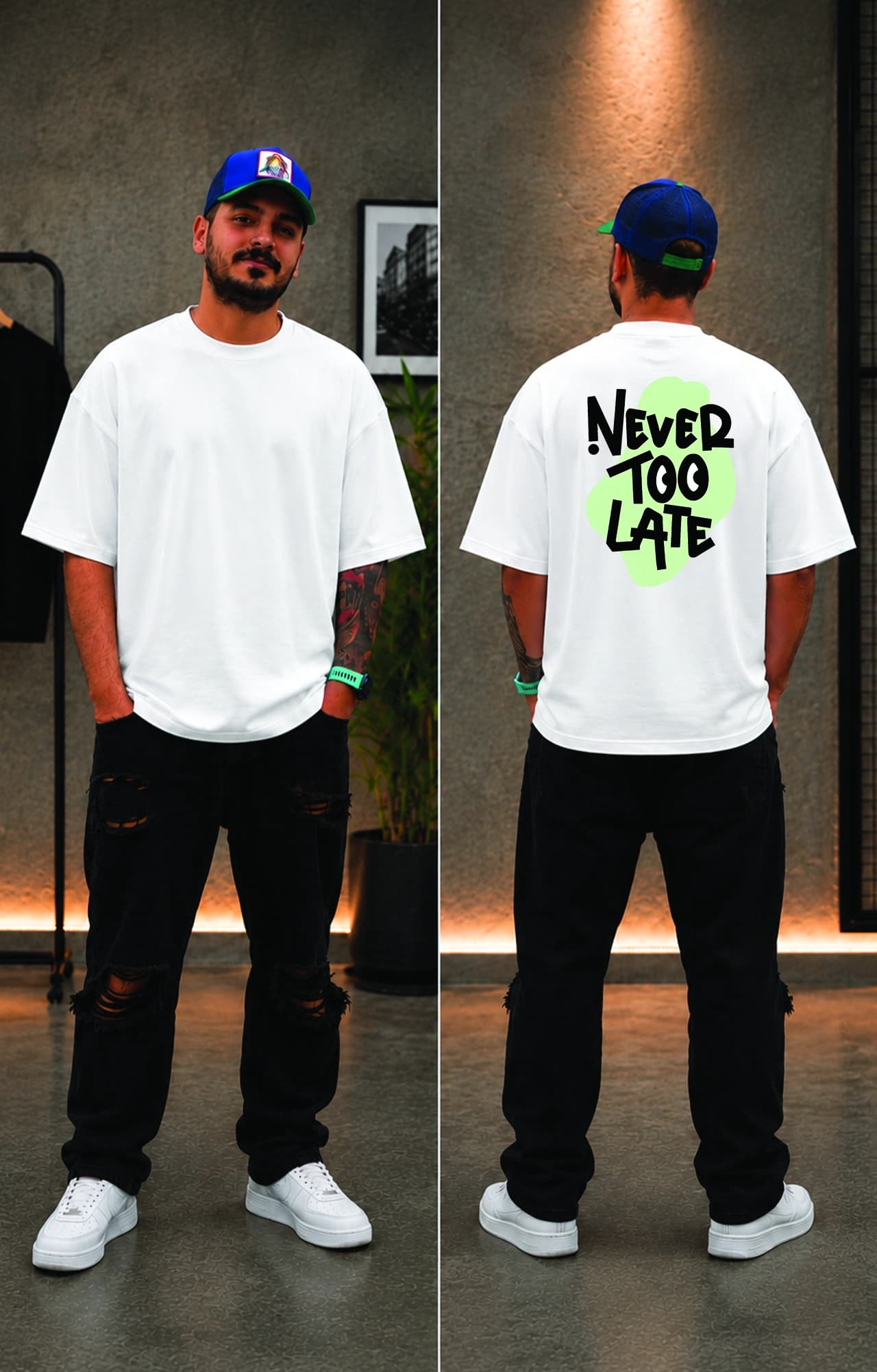 تیشرت باکسی ترک مردانه طرح never too late کد 5048