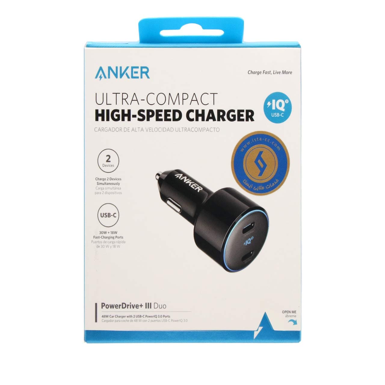 شارژر فندکی فست دو پورت ANKER مدل A2725 PowerDrive +III Duo 48W – مشکی (گارانتی 18ماهه شرکتی)