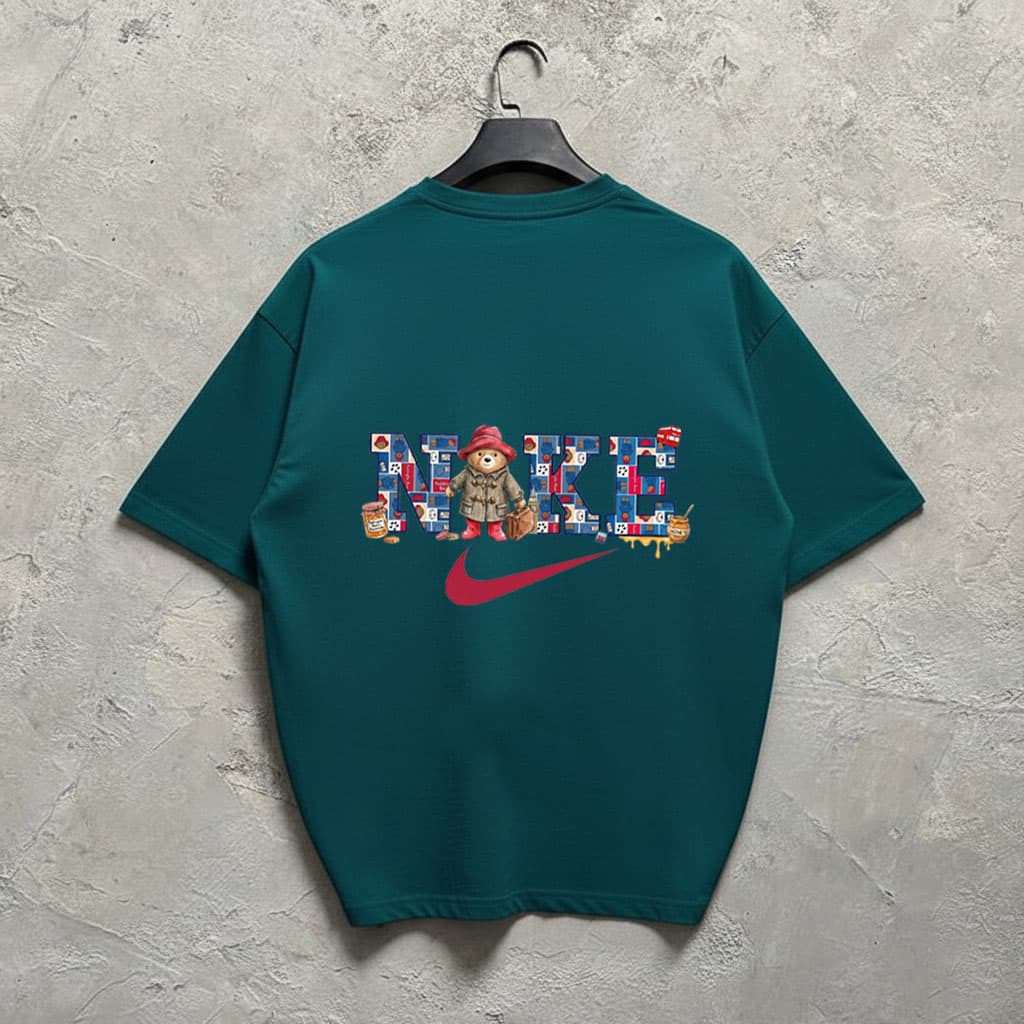 تیشرت باکسی قواره‌دار دونخ پنبه طرح NIKE BEAR | رنگ سبزکله غازی