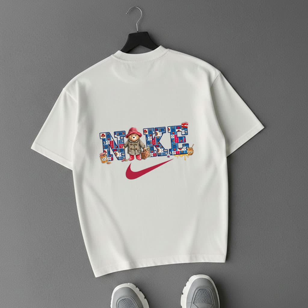تیشرت باکسی قواره‌دار دونخ پنبه طرح NIKE BEAR | رنگ سفید