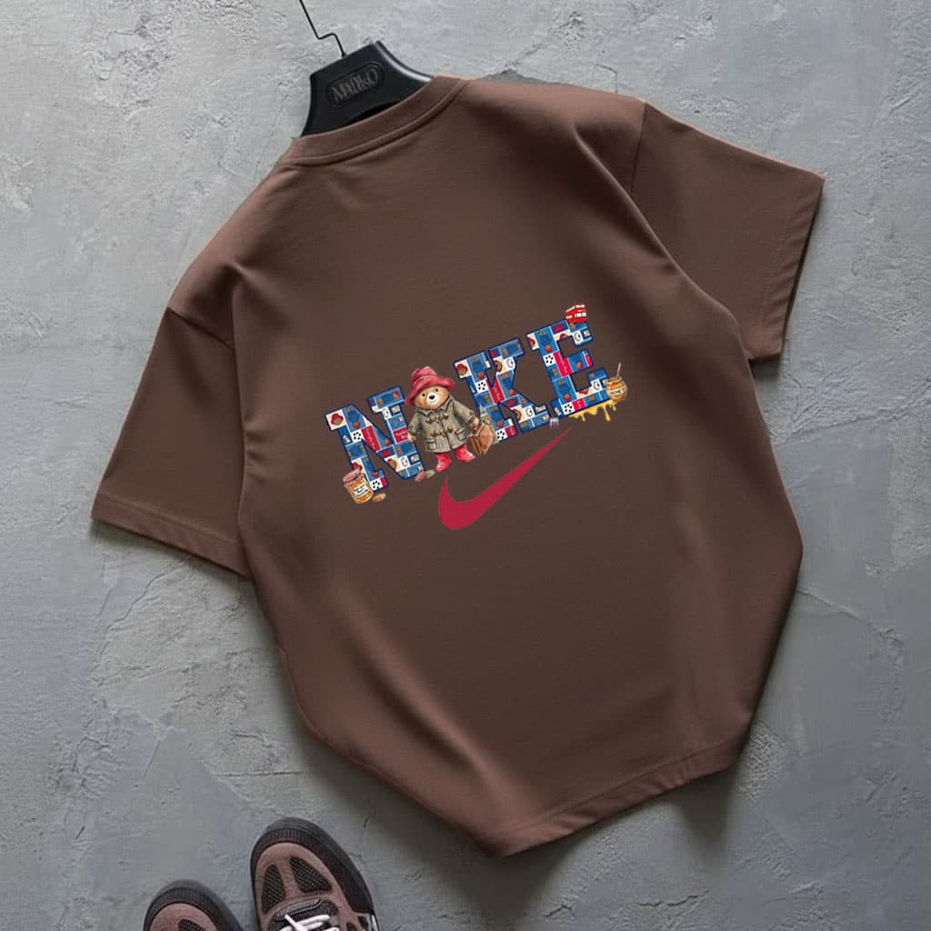 تیشرت باکسی قواره‌دار دونخ پنبه طرح NIKE BEAR | رنگ قهوه ای