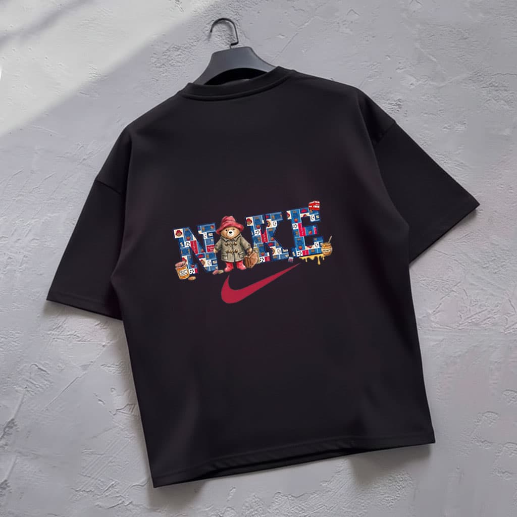 تیشرت باکسی قواره‌دار دونخ پنبه طرح NIKE BEAR | رنگ مشکی