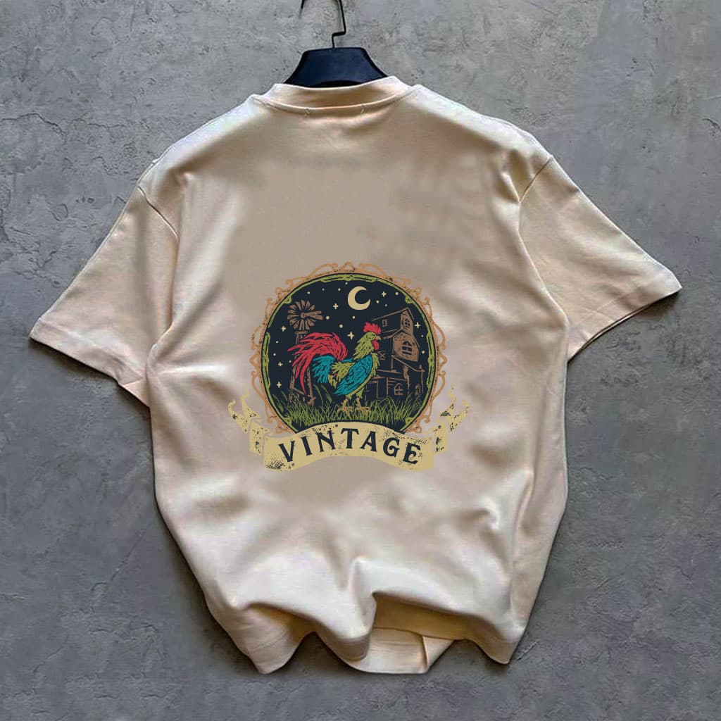 تیشرت باکسی مردانه طرح VINTAGE جنس دونخ پنبه | رنگ کرمی