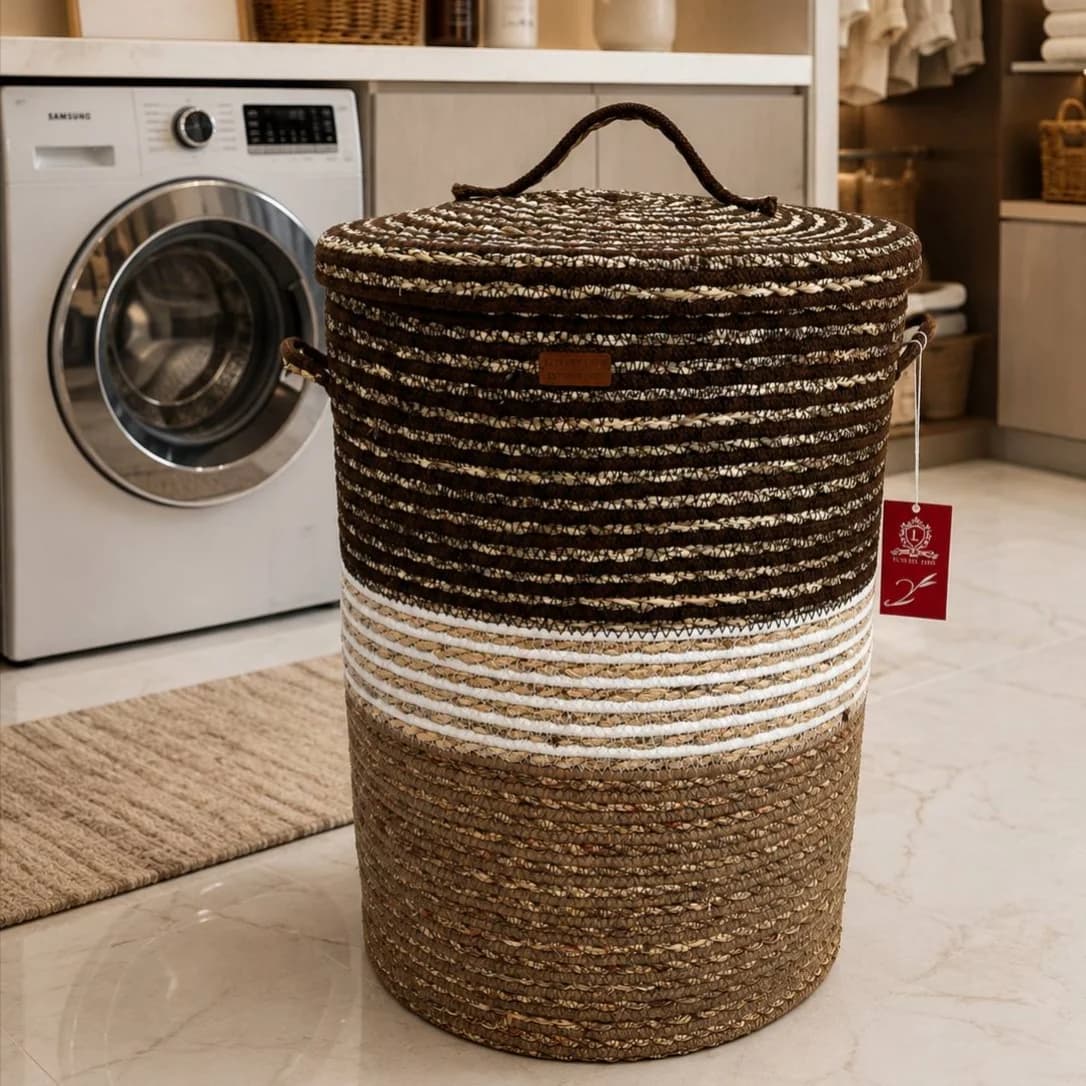 سبد لباس طناب پنبه ترکیه درب دار دلی 50 سانتی کد 725 طرح 2