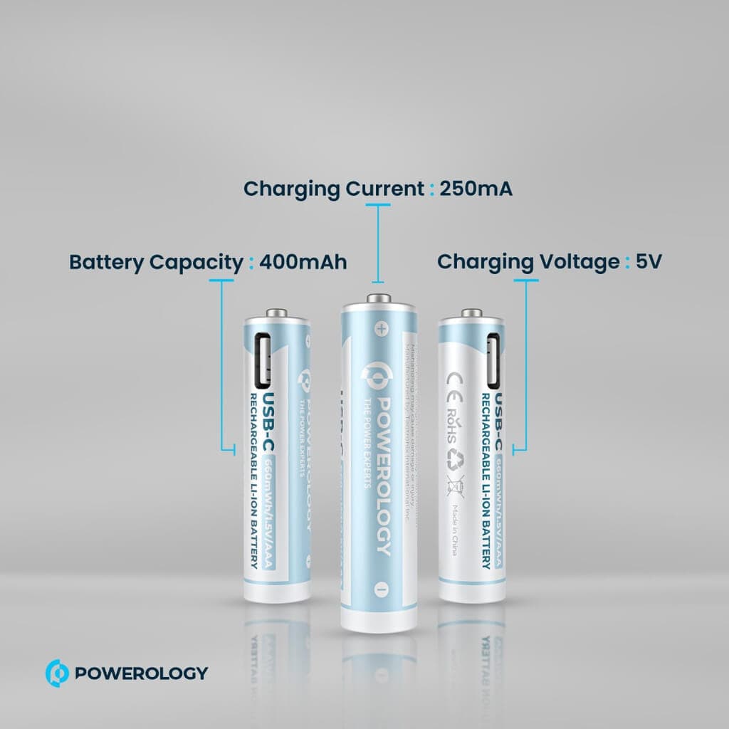 باتری قلمی شارژی پاورولوژی پک چهار تایی Powerology Type-c Rechargeable Battery Battery 2200mWh — تصویر ۸