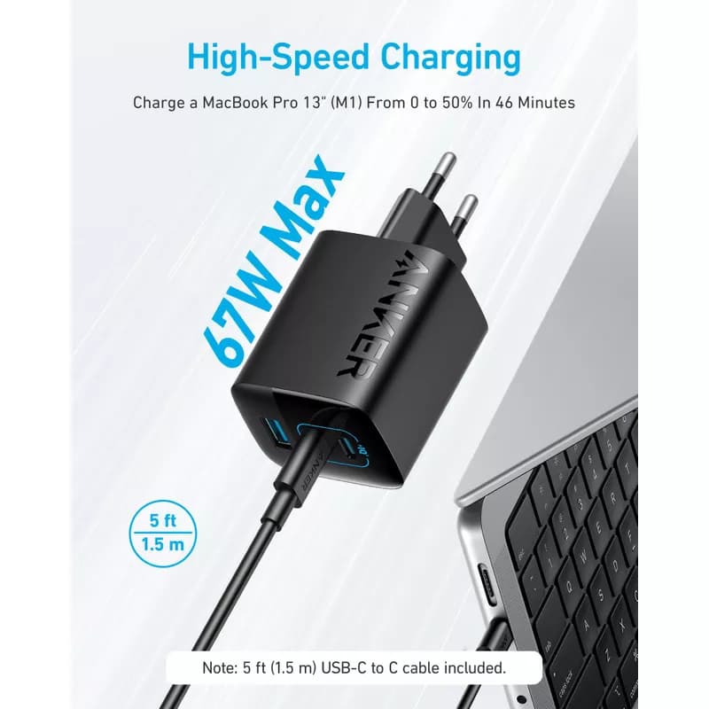 شارژر دیواری دو پین 67 وات انکر Anker Powerport 336 67W USB C Gan Charger A2674L11 EU — تصویر ۶