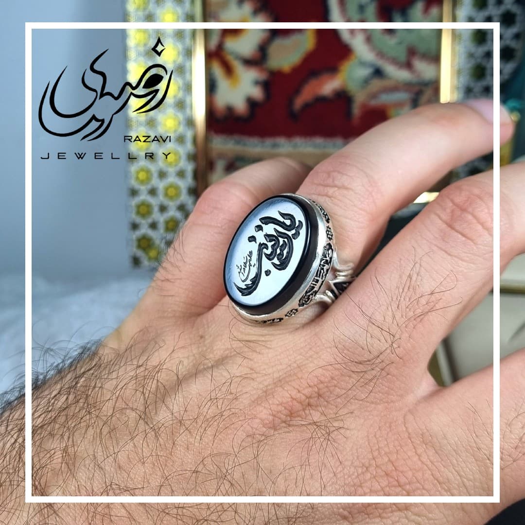 انگشتر نقره مردانه عقیق مشکی اصل طرح بانو — تصویر ۲