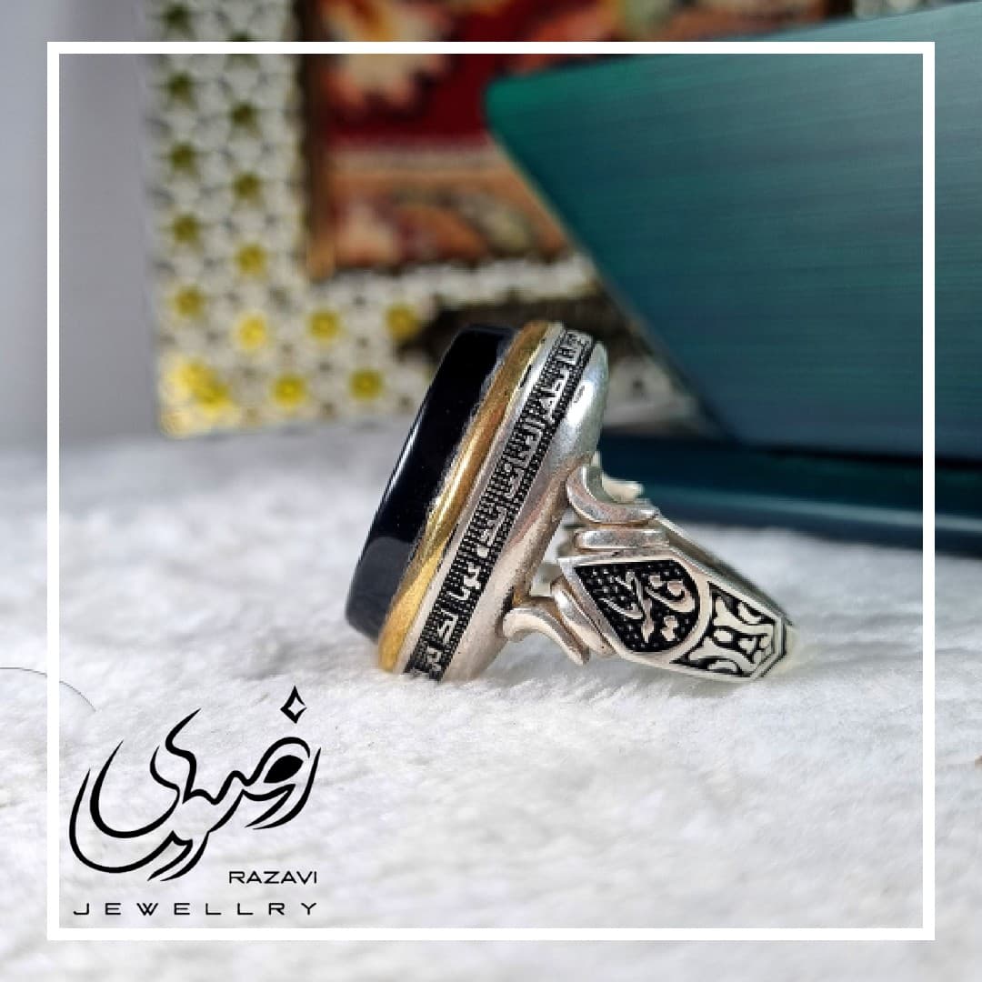 انگشتر نقره مردانه عقیق مشکی اصل طرح اربعین — تصویر ۴