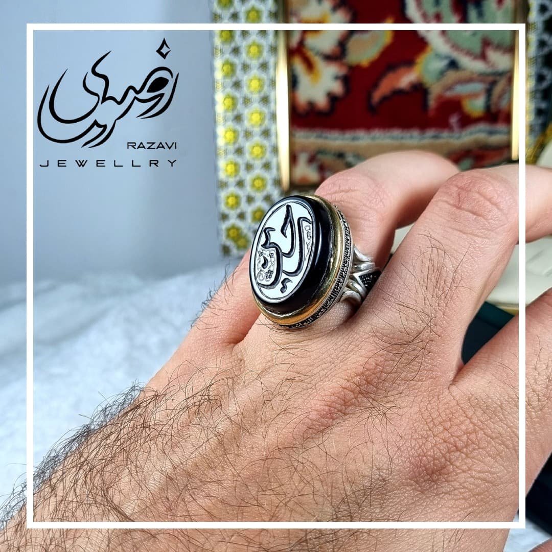 انگشتر نقره مردانه عقیق مشکی اصل طرح اربعین — تصویر ۲