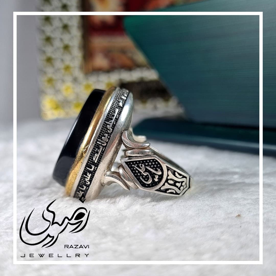 انگشتر نقره مردانه عقیق مشکی اصل طرح اربعین — تصویر ۵