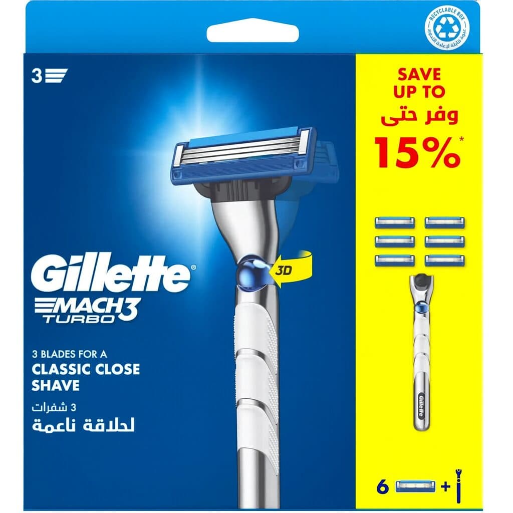 تیغ اصلاح ژیلت مچ تری توربو 3D مدل Classic Close Shave همراه با 6 تیغه یدک