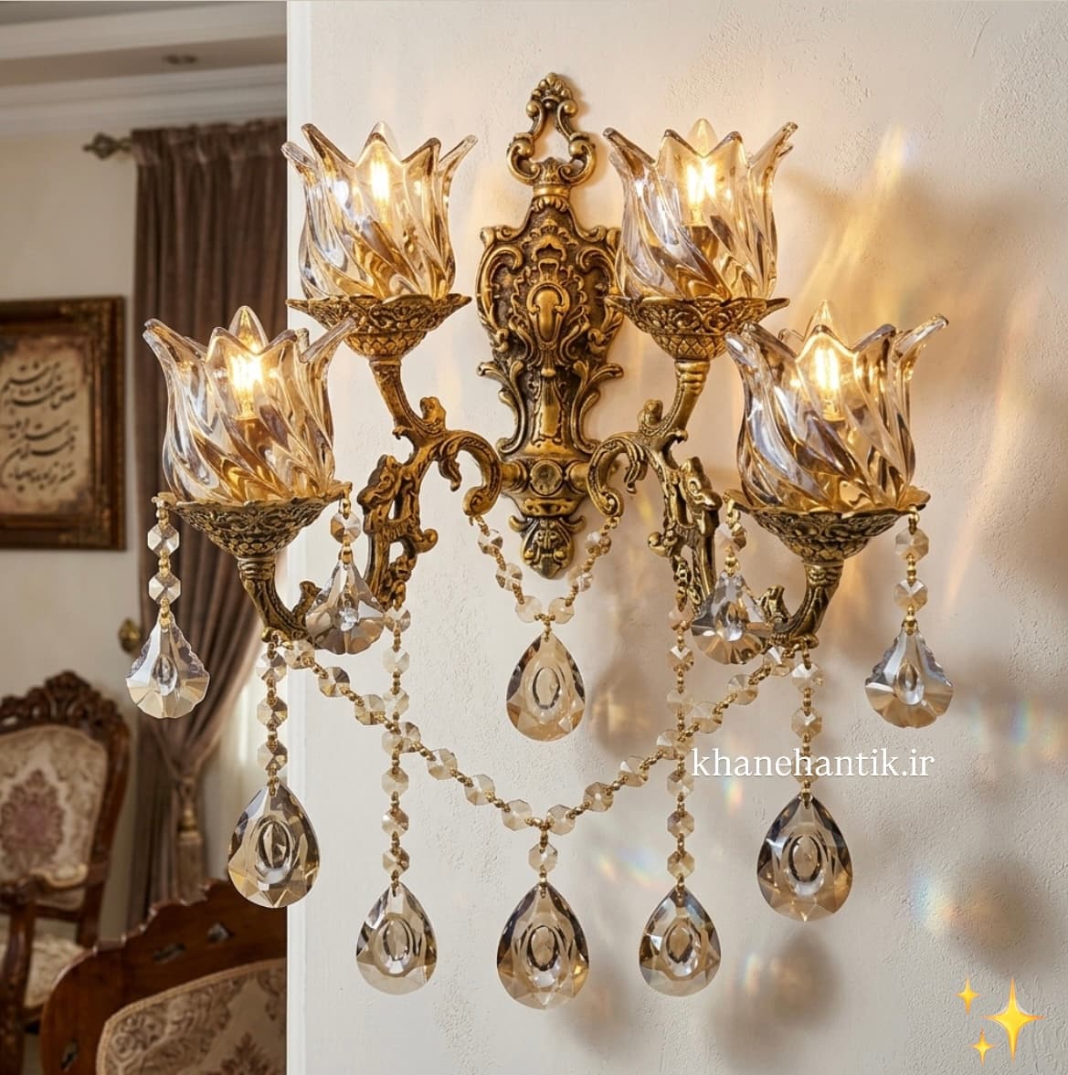 لوستر دیواری دیوارکوب برنز ۴ شعله دو گل
