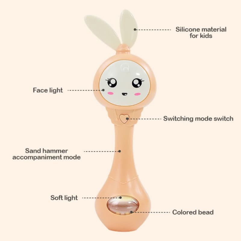 جغجغه ناب سل مدل دستی دندان گیر چراغدار موزیکال خرگوش بامزه کد Funny rabbit teething hand rattle — تصویر ۵