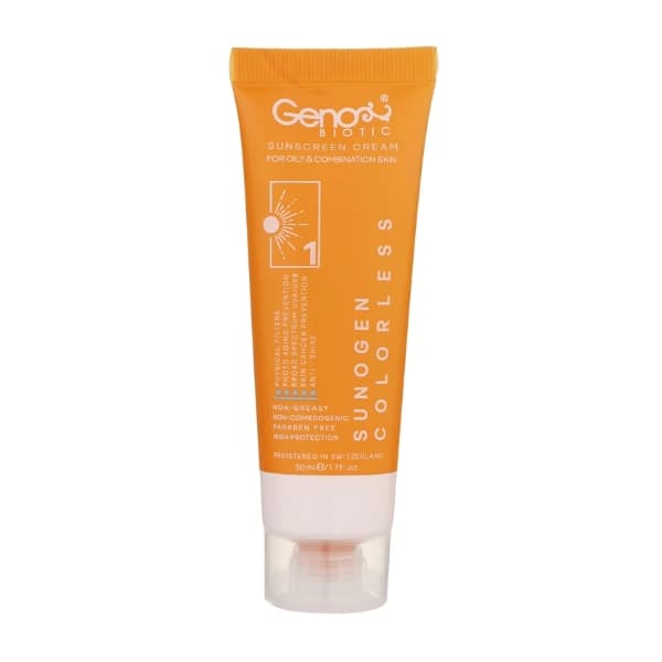 کرم ضدآفتاب بی‌رنگ ژنوبایوتیک SPF50 مناسب پوست های چرب حجم 50 میلی لیتر