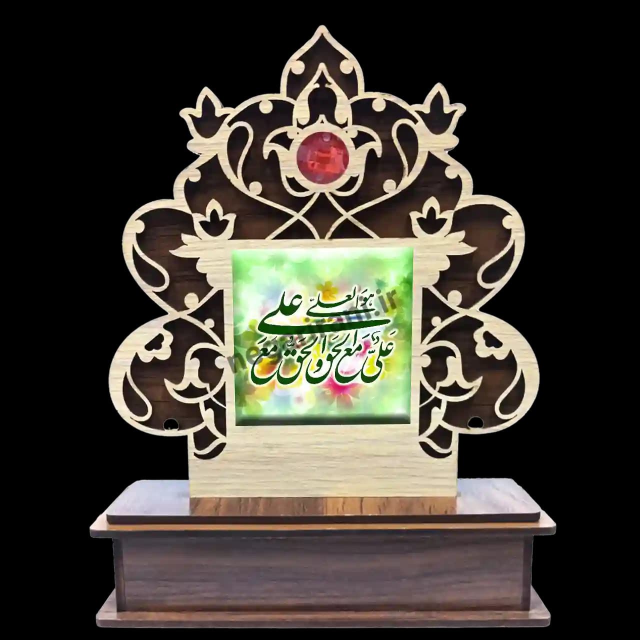 تندیس کاشی گلدار علی مع الحق والحق مع علی 2D 135