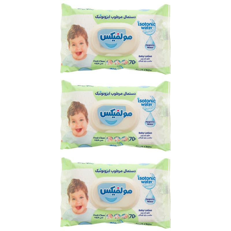 دستمال مرطوب کودک مولفیکس مدل ایزوتونیک سه بسته 70 عددی