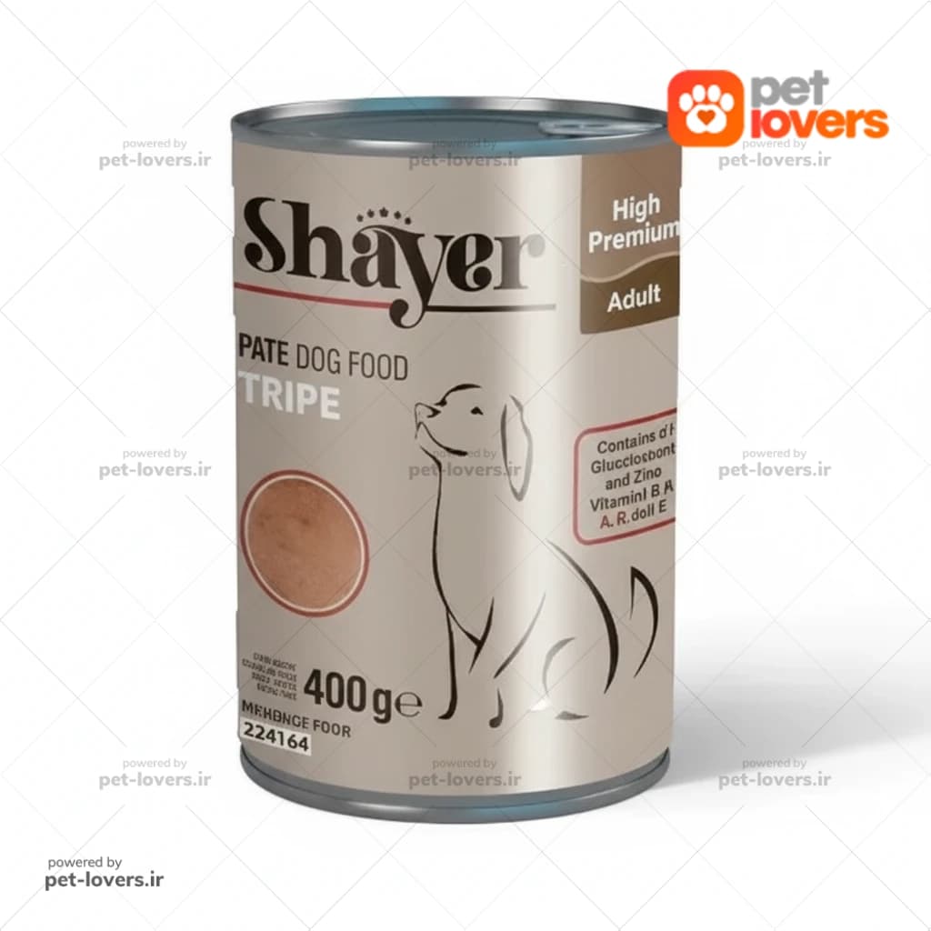 کنسرو پته سگ بالغ طعم سيرابي شاير Shayer وزن 400 گرم