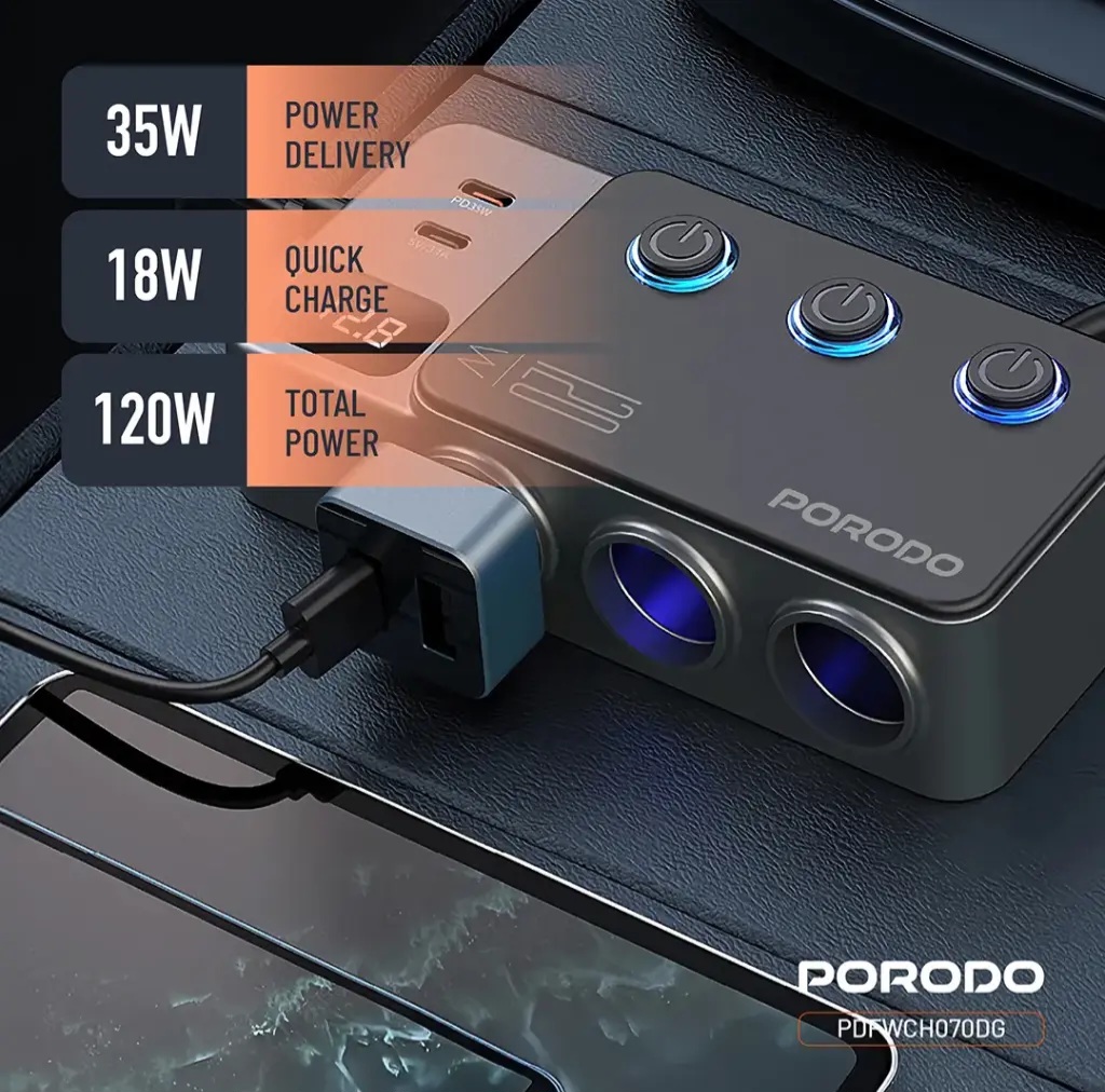 شارژر فندکی خودرو 120 وات پرودو مدل Porodo 120W Car Charger Lighter Socket PDFWCH070 — تصویر ۳