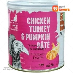 کنسرو مخصوص گربه بالغ طعم پته مرغ و بوقلمون و کدو DPS وزن 800 گرم