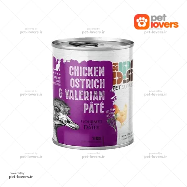 کنسرو مخصوص گربه بالغ طعم پته شترمرغ و گوشت مرغ و سنبل الطیب DPS وزن 800 گرم